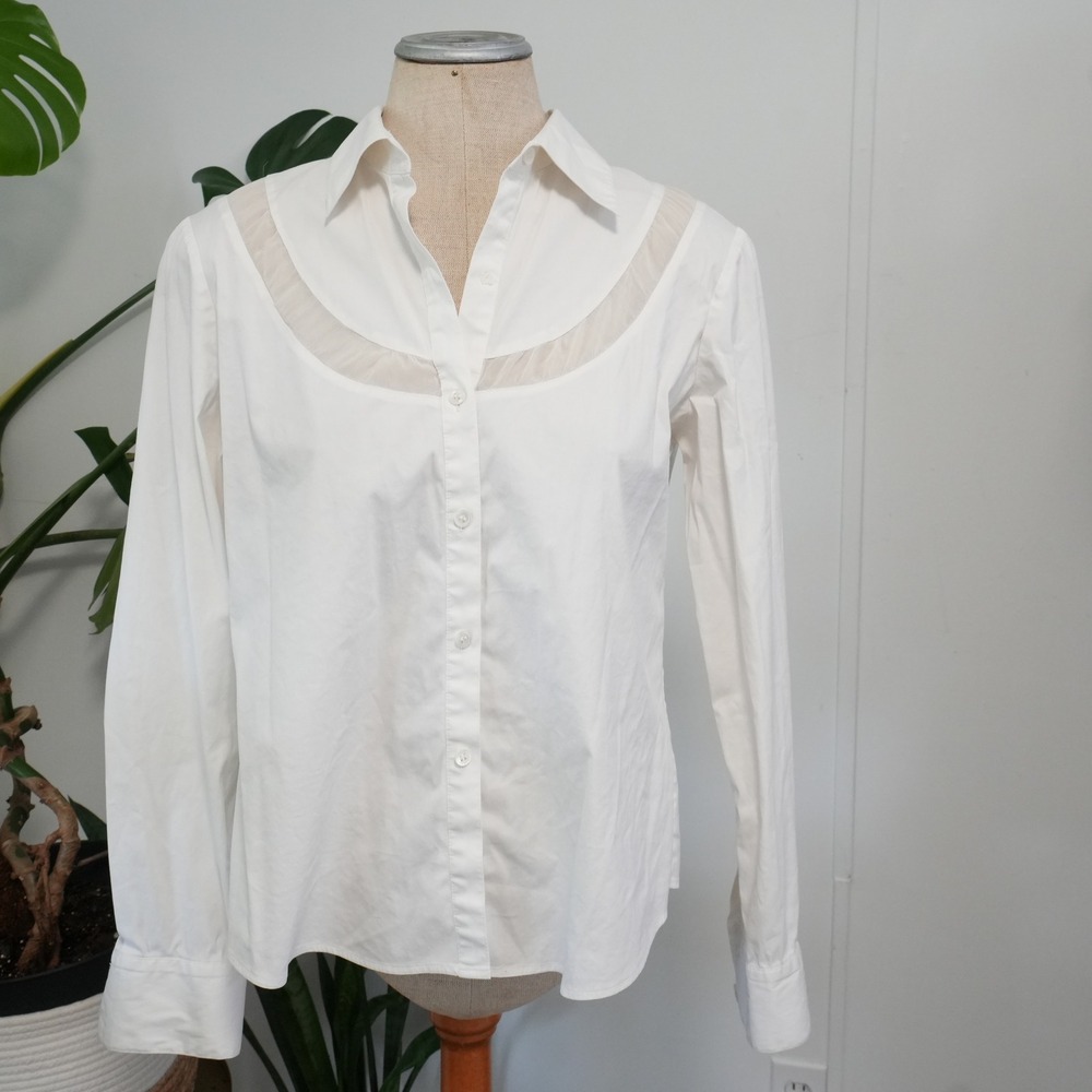 Theory Button Down Shirt Womens Large White Barneys Co-op Mesh Yoke Blouse